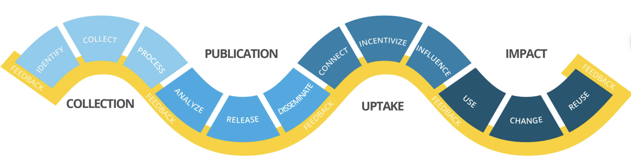 Data Value Chain diagram showing intersection of Collection, Publication, Uptake, and Impact